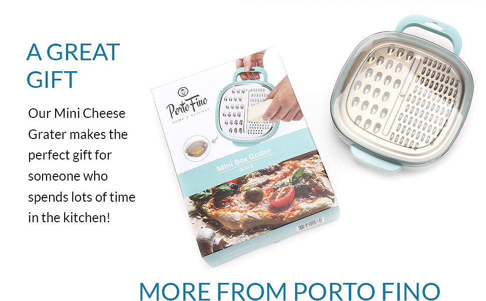 PortoFino Mini Box Grater with Handle, Cheese Grater with Container, 2 in 1 Design for Grating and Storage, Stainless Steel Food Grater with Plastic Storage Container, Dishwasher Safe, Small, Blue