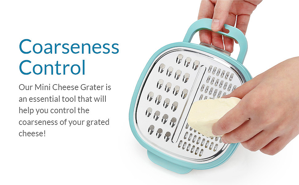 PortoFino Mini Box Grater with Handle, Cheese Grater with Container, 2 in 1 Design for Grating and Storage, Stainless Steel Food Grater with Plastic Storage Container, Dishwasher Safe, Small, Blue