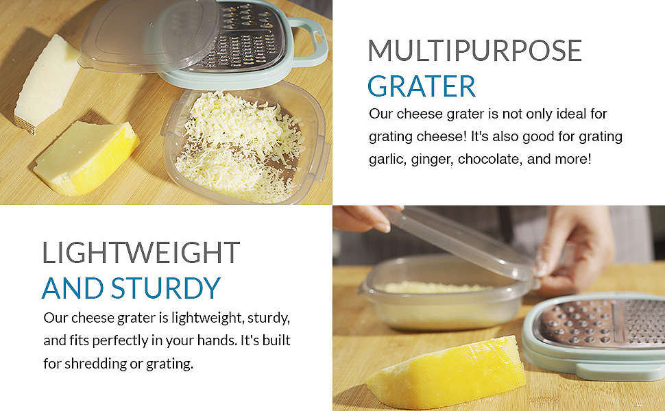 PortoFino Mini Box Grater with Handle, Cheese Grater with Container, 2 in 1 Design for Grating and Storage, Stainless Steel Food Grater with Plastic Storage Container, Dishwasher Safe, Small, Blue