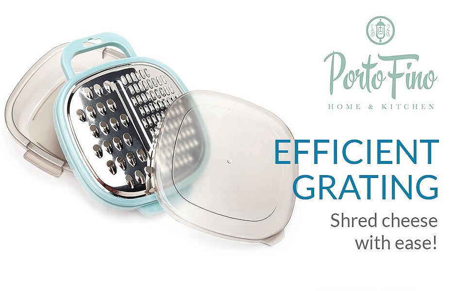 PortoFino Mini Box Grater with Handle, Cheese Grater with Container, 2 in 1 Design for Grating and Storage, Stainless Steel Food Grater with Plastic Storage Container, Dishwasher Safe, Small, Blue