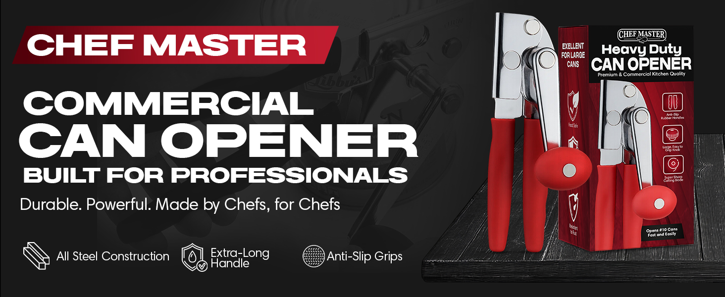Chef Master Commercial Can Opener Heavy Duty - Manual Hand Crank for Large Cans with Anti-Slip Grip - Stainless Steel Restaurant Can Opener Manual for Seniors, Kitchen, Bars & Food Trucks - 90056