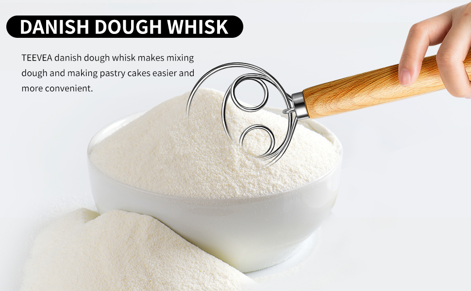 TEEVEA Danish Dough Whisk Stainless Steel Dough Hook Dutch Whisk for Sourdough Bread Mixer Hand with Wooden Handle Kitchen Whisking Mixing Tool Bread Making Tools