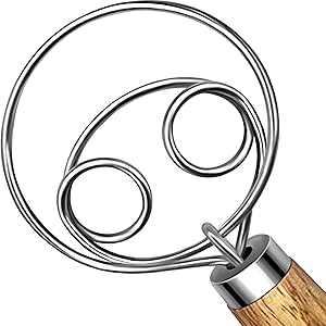 TEEVEA Danish Dough Whisk Stainless Steel Dough Hook Dutch Whisk for Sourdough Bread Mixer Hand with Wooden Handle Kitchen Whisking Mixing Tool Bread Making Tools