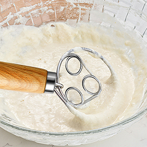 TEEVEA Danish Dough Whisk Stainless Steel Dough Hook Dutch Whisk for Sourdough Bread Mixer Hand with Wooden Handle Kitchen Whisking Mixing Tool Bread Making Tools