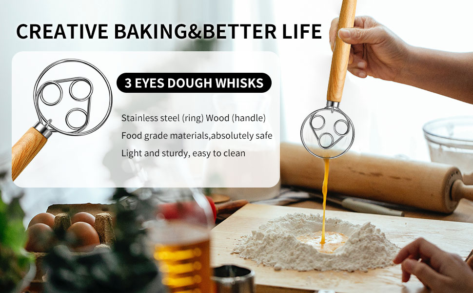 TEEVEA Danish Dough Whisk Stainless Steel Dough Hook Dutch Whisk for Sourdough Bread Mixer Hand with Wooden Handle Kitchen Whisking Mixing Tool Bread Making Tools