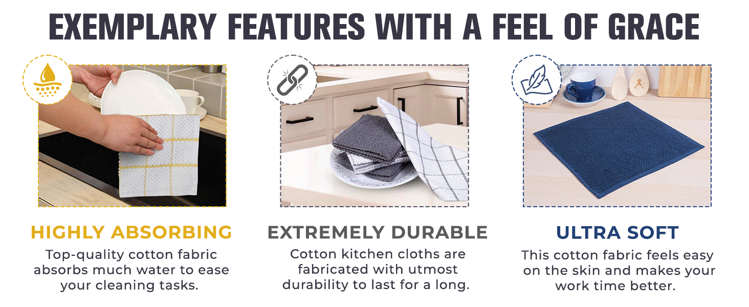 AMOUR INFINI Cotton Kitchen Dish Cloths Set of 8 – Highly Absorbent, Super Soft Premium Terry Cleaning Cloth (12