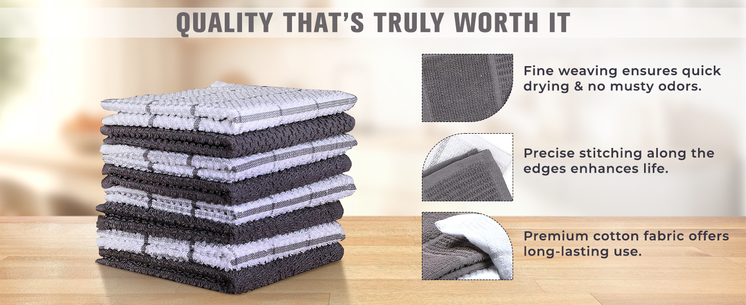 AMOUR INFINI Cotton Kitchen Dish Cloths Set of 8 – Highly Absorbent, Super Soft Premium Terry Cleaning Cloth (12
