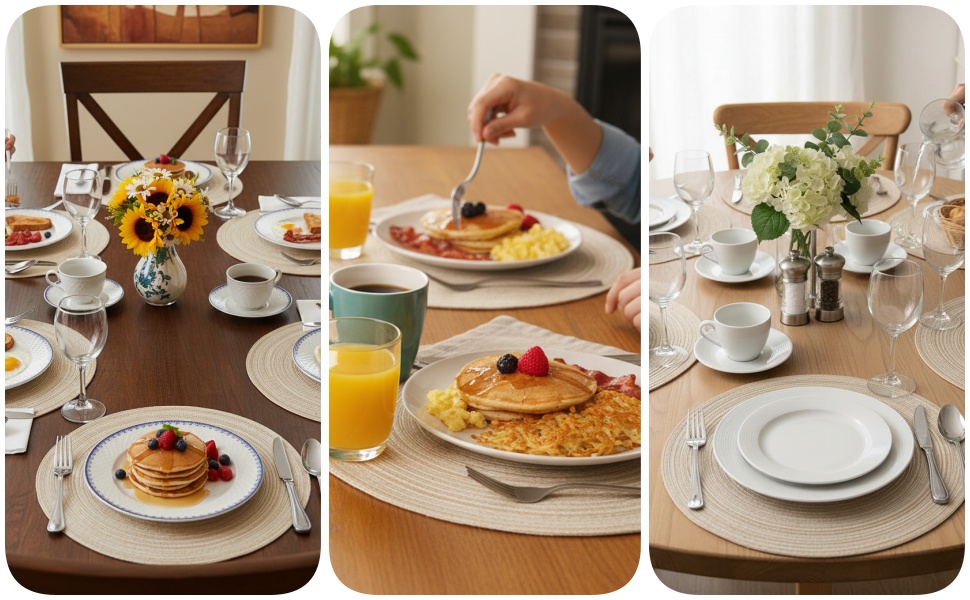 SHACOS Round Placemats Set of 6 Cotton Polyester Braided Place Mats 15 inch Heat Resistant Washable Table Mats for Kitchen Dining Party Natural Table Decor (Beige, 6)