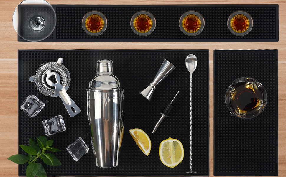 BARsics PVC Bar Service Mat for Cocktail Bartender 18x12 inches (Black 2-Pack)