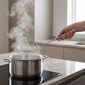 Stainless Steel Skimmer Strainer,Stainless Steel Fat Skimmer Spoon Fine Mesh Food Strainer for Grease, Gravy and Foam with Long Handle