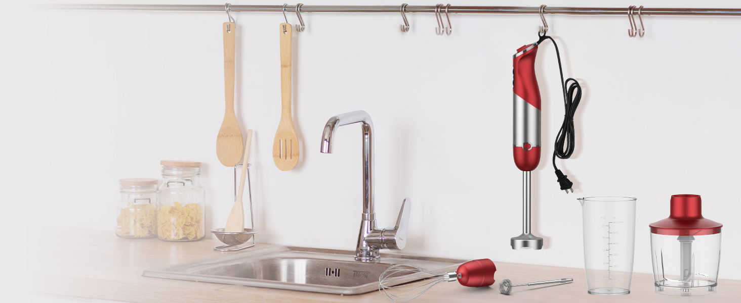 KOIOS 5-in-1 Hand Immersion Blender, 1000W 12 Speed Handheld Blender Stick with Copper Motor Stainless Steel Blade, 600ml Mixing Beaker,500ml Food Processor, Whisk, Milk Frother, Non-BPA, Red