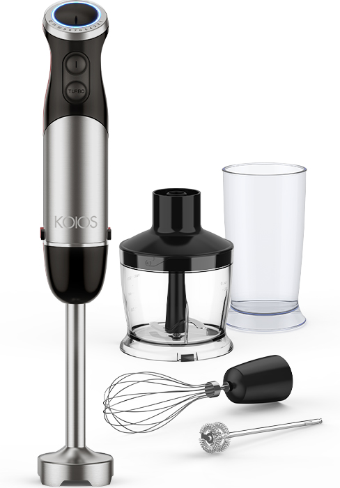 KOIOS 5-in-1 Hand Immersion Blender, 1000W 12 Speed Handheld Blender Stick with Copper Motor Stainless Steel Blade, 600ml Mixing Beaker,500ml Food Processor, Whisk, Milk Frother, Non-BPA, Red