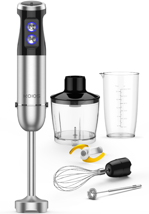 KOIOS 5-in-1 Hand Immersion Blender, 1000W 12 Speed Handheld Blender Stick with Copper Motor Stainless Steel Blade, 600ml Mixing Beaker,500ml Food Processor, Whisk, Milk Frother, Non-BPA, Red