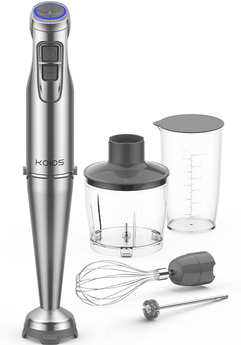 KOIOS 5-in-1 Hand Immersion Blender, 1000W 12 Speed Handheld Blender Stick with Copper Motor Stainless Steel Blade, 600ml Mixing Beaker,500ml Food Processor, Whisk, Milk Frother, Non-BPA, Red
