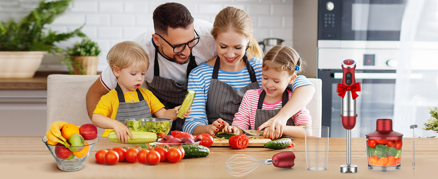 KOIOS 5-in-1 Hand Immersion Blender, 1000W 12 Speed Handheld Blender Stick with Copper Motor Stainless Steel Blade, 600ml Mixing Beaker,500ml Food Processor, Whisk, Milk Frother, Non-BPA, Red