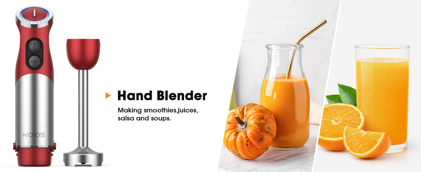 KOIOS 5-in-1 Hand Immersion Blender, 1000W 12 Speed Handheld Blender Stick with Copper Motor Stainless Steel Blade, 600ml Mixing Beaker,500ml Food Processor, Whisk, Milk Frother, Non-BPA, Red