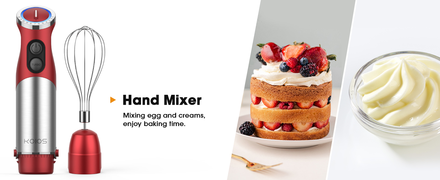 KOIOS 5-in-1 Hand Immersion Blender, 1000W 12 Speed Handheld Blender Stick with Copper Motor Stainless Steel Blade, 600ml Mixing Beaker,500ml Food Processor, Whisk, Milk Frother, Non-BPA, Red