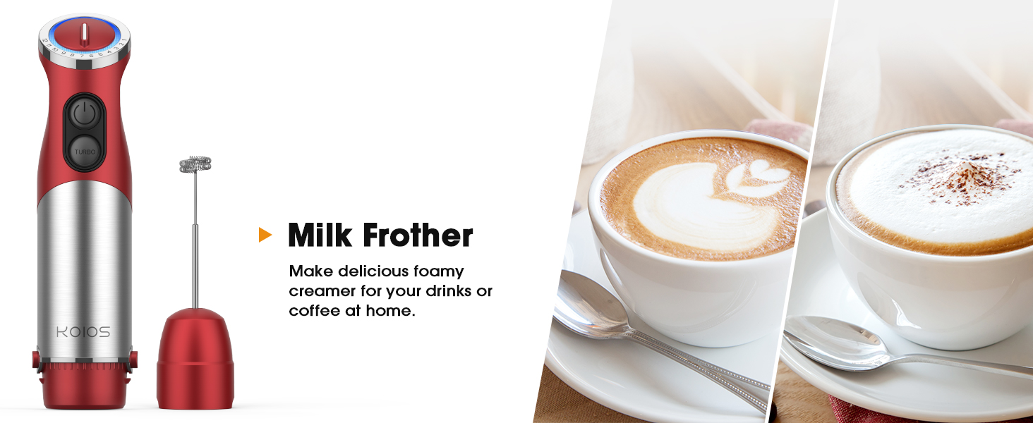 KOIOS 5-in-1 Hand Immersion Blender, 1000W 12 Speed Handheld Blender Stick with Copper Motor Stainless Steel Blade, 600ml Mixing Beaker,500ml Food Processor, Whisk, Milk Frother, Non-BPA, Red