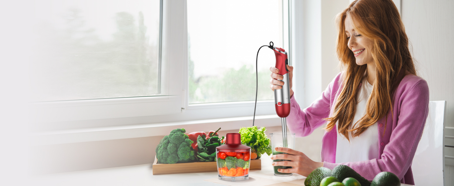 KOIOS 5-in-1 Hand Immersion Blender, 1000W 12 Speed Handheld Blender Stick with Copper Motor Stainless Steel Blade, 600ml Mixing Beaker,500ml Food Processor, Whisk, Milk Frother, Non-BPA, Red