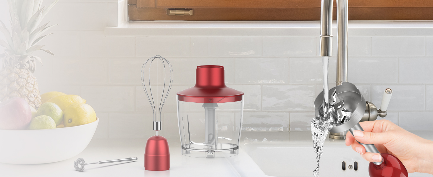 KOIOS 5-in-1 Hand Immersion Blender, 1000W 12 Speed Handheld Blender Stick with Copper Motor Stainless Steel Blade, 600ml Mixing Beaker,500ml Food Processor, Whisk, Milk Frother, Non-BPA, Red