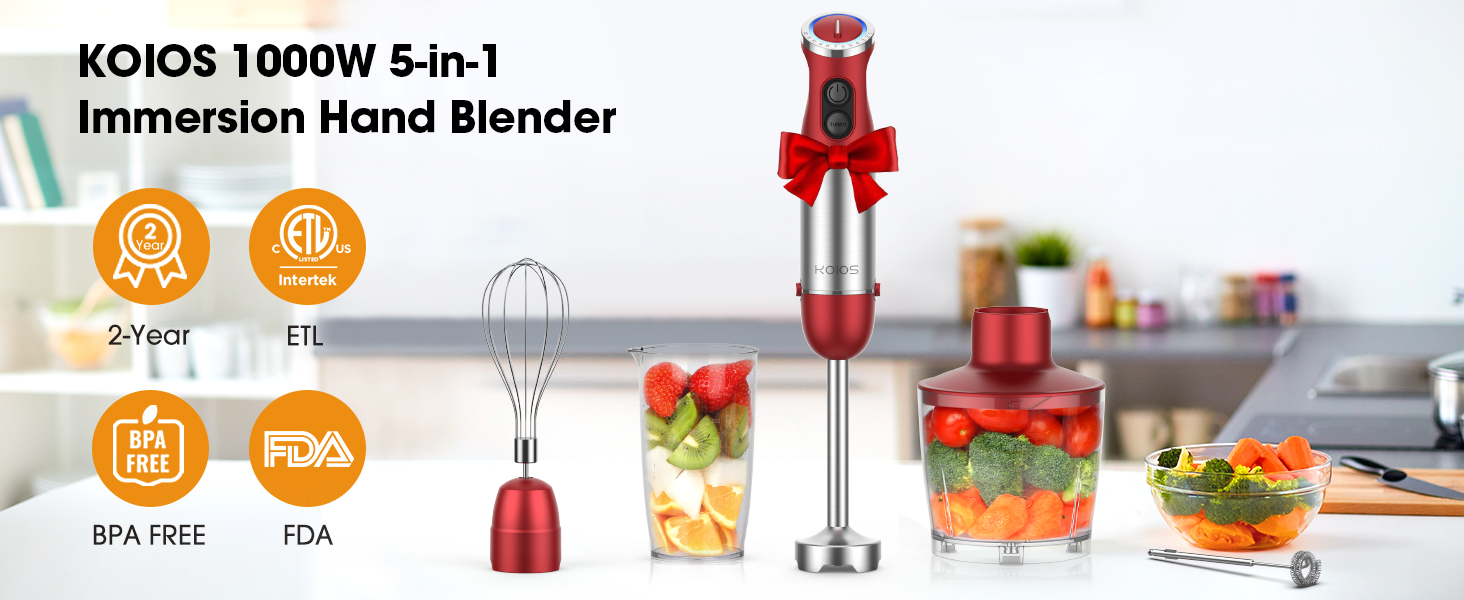 KOIOS 5-in-1 Hand Immersion Blender, 1000W 12 Speed Handheld Blender Stick with Copper Motor Stainless Steel Blade, 600ml Mixing Beaker,500ml Food Processor, Whisk, Milk Frother, Non-BPA, Red
