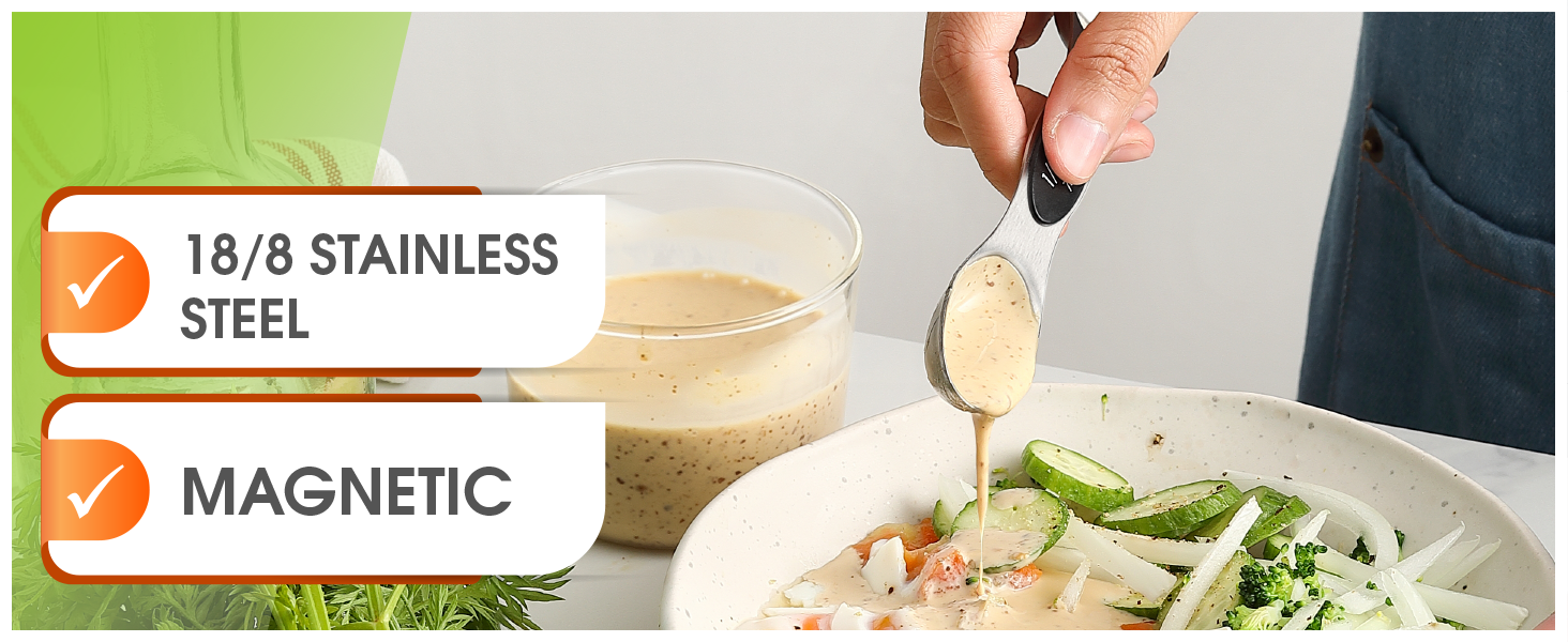 Spring Chef Stainless Steel Magnetic Measuring Spoons Set with Strong N45 Magnets, Heavy Duty Metal Kitchen Gadgets for Baking & Cooking, Fits in Most Kitchen Spice Jars, Set of 8 with Leveler, Black