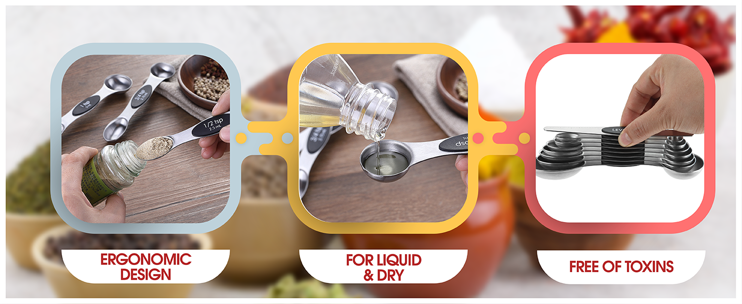 Spring Chef Stainless Steel Magnetic Measuring Spoons Set with Strong N45 Magnets, Heavy Duty Metal Kitchen Gadgets for Baking & Cooking, Fits in Most Kitchen Spice Jars, Set of 8 with Leveler, Black