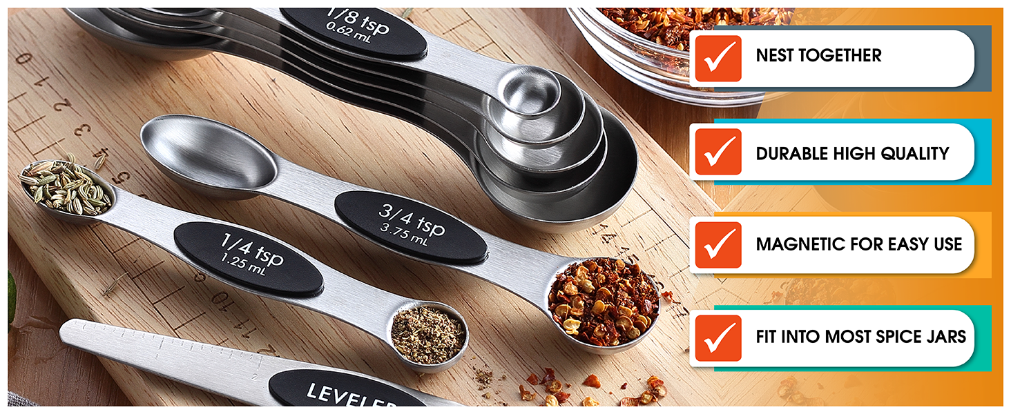 Spring Chef Stainless Steel Magnetic Measuring Spoons Set with Strong N45 Magnets, Heavy Duty Metal Kitchen Gadgets for Baking & Cooking, Fits in Most Kitchen Spice Jars, Set of 8 with Leveler, Black
