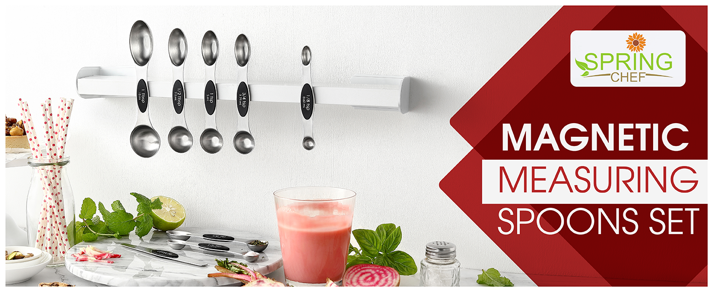 Spring Chef Stainless Steel Magnetic Measuring Spoons Set with Strong N45 Magnets, Heavy Duty Metal Kitchen Gadgets for Baking & Cooking, Fits in Most Kitchen Spice Jars, Set of 8 with Leveler, Black