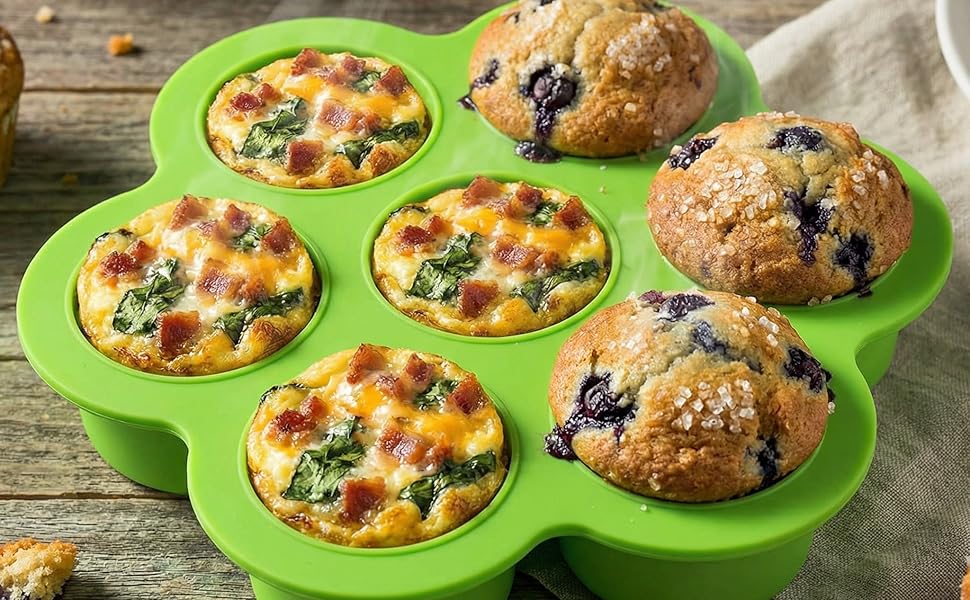 GOKCEN's Silicone Egg Bite Molds [2 Pack] Instant Pot Accessories - Total 14 Cups Muffin Pan for Baking - Food Freezer Tray with Lid - Reusable Storage Container (Blue & Green - Egg Bite Mold)