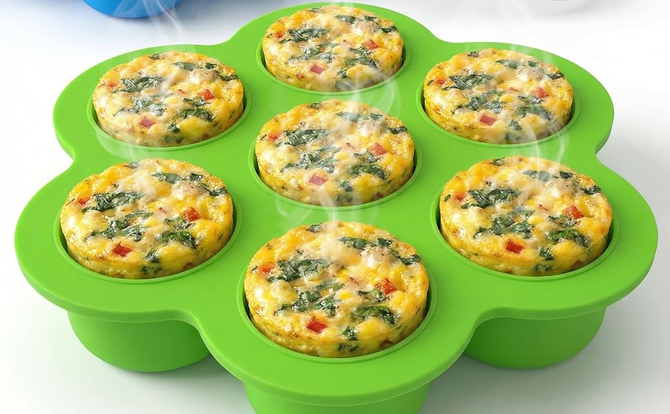 GOKCEN's Silicone Egg Bite Molds [2 Pack] Instant Pot Accessories - Total 14 Cups Muffin Pan for Baking - Food Freezer Tray with Lid - Reusable Storage Container (Blue & Green - Egg Bite Mold)