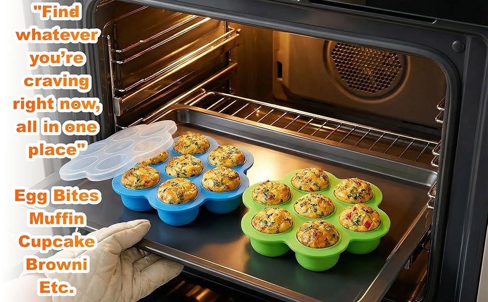 GOKCEN's Silicone Egg Bite Molds [2 Pack] Instant Pot Accessories - Total 14 Cups Muffin Pan for Baking - Food Freezer Tray with Lid - Reusable Storage Container (Blue & Green - Egg Bite Mold)