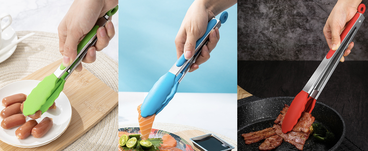 Kitchen Tongs Set of 3, Cooking Tongs with Silicone Tips, Non-Stick Non-Scratch Heat Resistant Tongs for Grilling Cooking BBQ Salad Serving (Multicolor, 7/9/12 Inch)