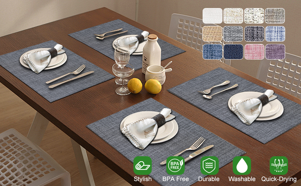 BETEAM Placemats Set of 6, Woven Vinyl Placemat for Dining Table Washable Wipeable Kitchen Place Mats Durable Indoor Outdoor Table Mats