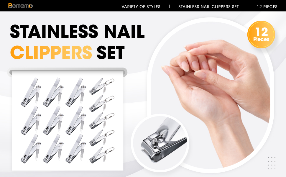 Bememo 12 Pieces Stainless Nail Clippers Set Fingernail and Toenail Clippers Nail Cutter Tool Set for Men and Women(Silver)