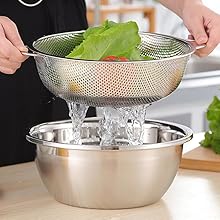 P&P CHEF Colander Set of 3, Stainless Steel Micro-Perforated Colanders Strainers for Draining Rinsing Washing, Ideal for Pasta Vegetables Fruits, Heavy Duty & Dishwasher Safe - 1/3/5 Quart