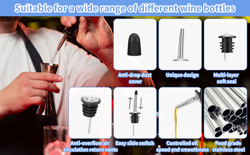 24 Pack Liquor Pour Spouts Set - Stainless Steel bottle spout and Liquor Pourers Dust Caps Covers