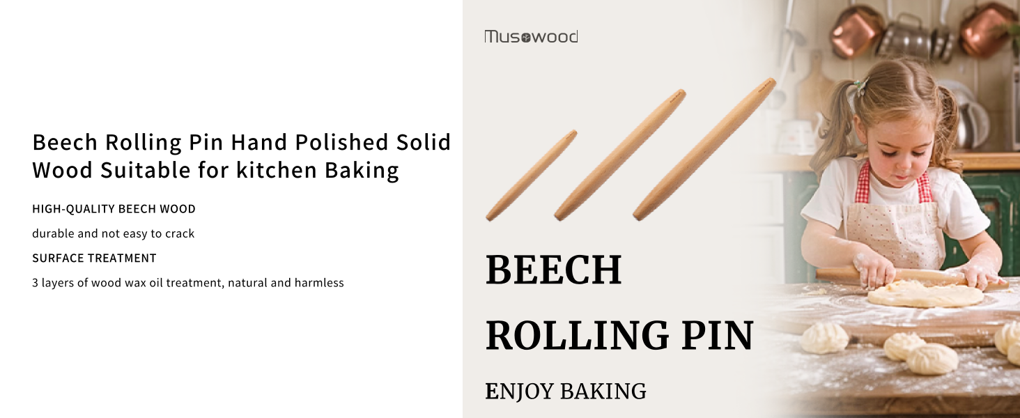 Muso Wood Wooden French Rolling Pin for Baking, Beech Wood Tapered Rolling Pin for Fondant Pie Crust Cookie Pastry(French 15.75-Inch)
