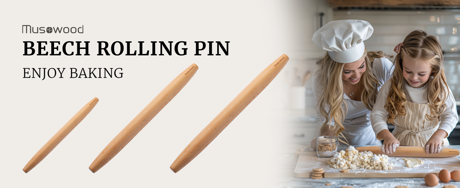 Muso Wood Wooden French Rolling Pin for Baking, Beech Wood Tapered Rolling Pin for Fondant Pie Crust Cookie Pastry(French 15.75-Inch)