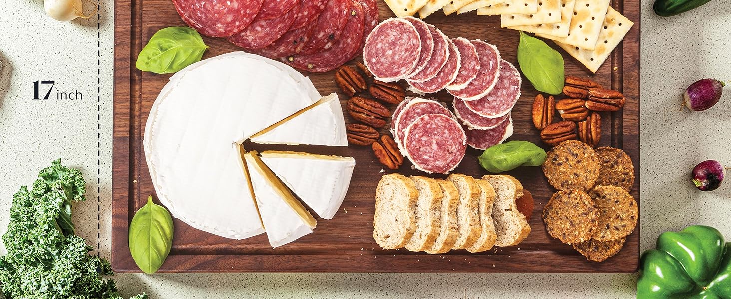 Walnut Wood Cutting Board for Kitchen, Reversible Wooden Cutting Board With Juice Grooves - Chopping Board, Charcuterie Serving Tray Made in Canada (Walnut, 17x11x0.75)