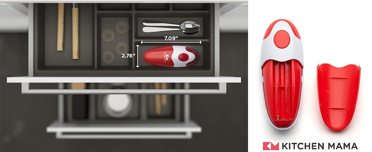 Kitchen Mama Auto Electric Can Opener: Open Your Cans with A Simple Press of Button - Automatic, Hands Free, Smooth Edge, Battery Operated, YES YOU CAN (Red)