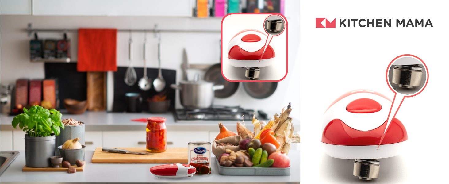 Kitchen Mama Auto Electric Can Opener: Open Your Cans with A Simple Press of Button - Automatic, Hands Free, Smooth Edge, Battery Operated, YES YOU CAN (Red)