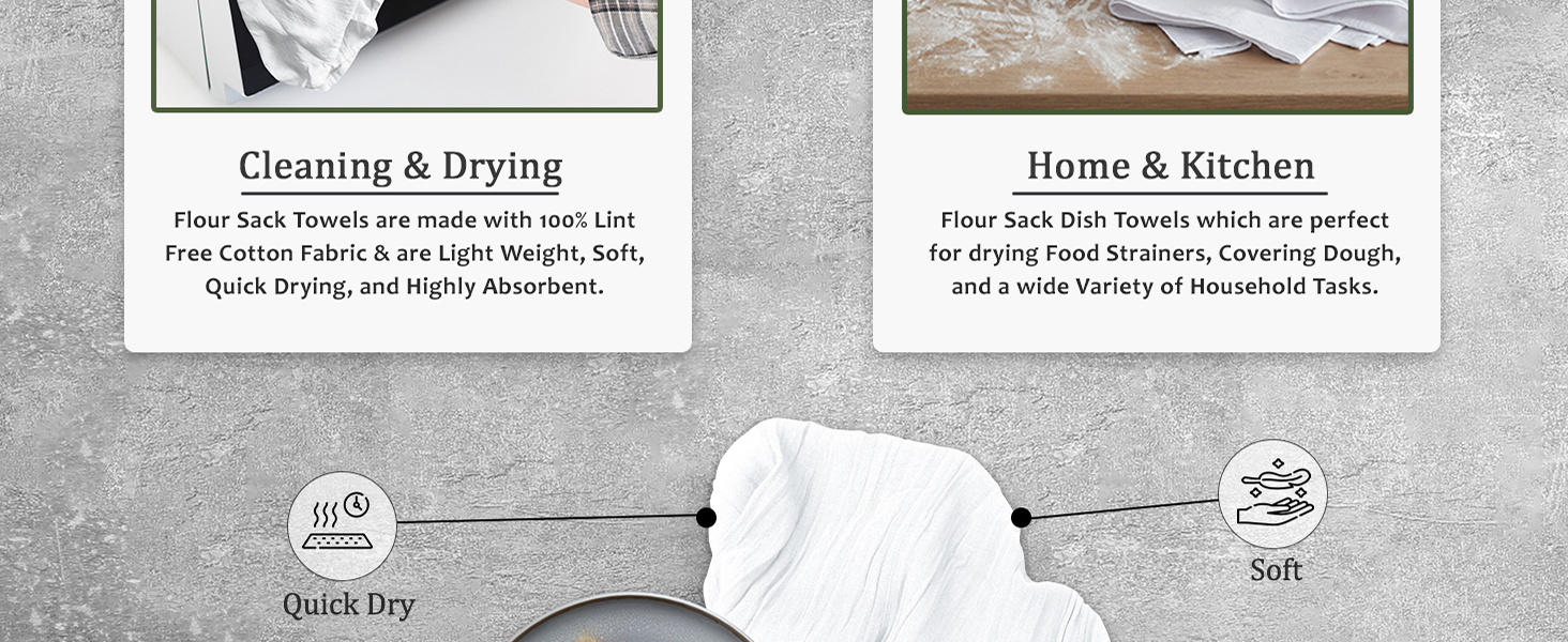 RUVANTI Flour Sack Towels 12 Pack 28 x 28 Inches, Ring Spun 100% Cotton Dish Towel, Machine Washable, Absorbent - Flour Sack Kitchen Towels for Drying and Cleaning - White