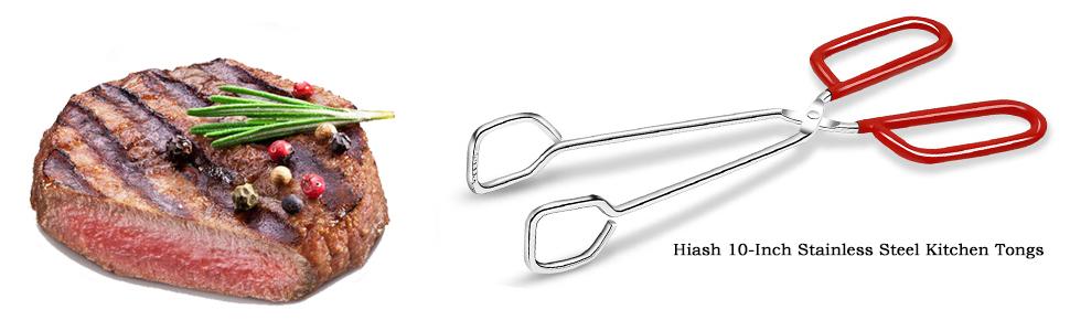 10-Inch Heavy Duty Stainless Steel Kitchen Tongs - Non-Slip Comfortable Red Grip, Scissor Design, Heat Resistant for BBQ and Cooking