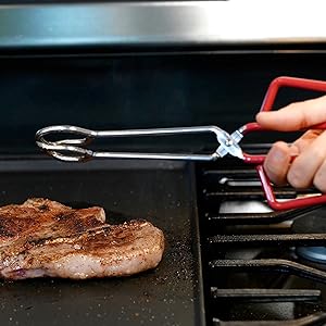 10-Inch Heavy Duty Stainless Steel Kitchen Tongs - Non-Slip Comfortable Red Grip, Scissor Design, Heat Resistant for BBQ and Cooking