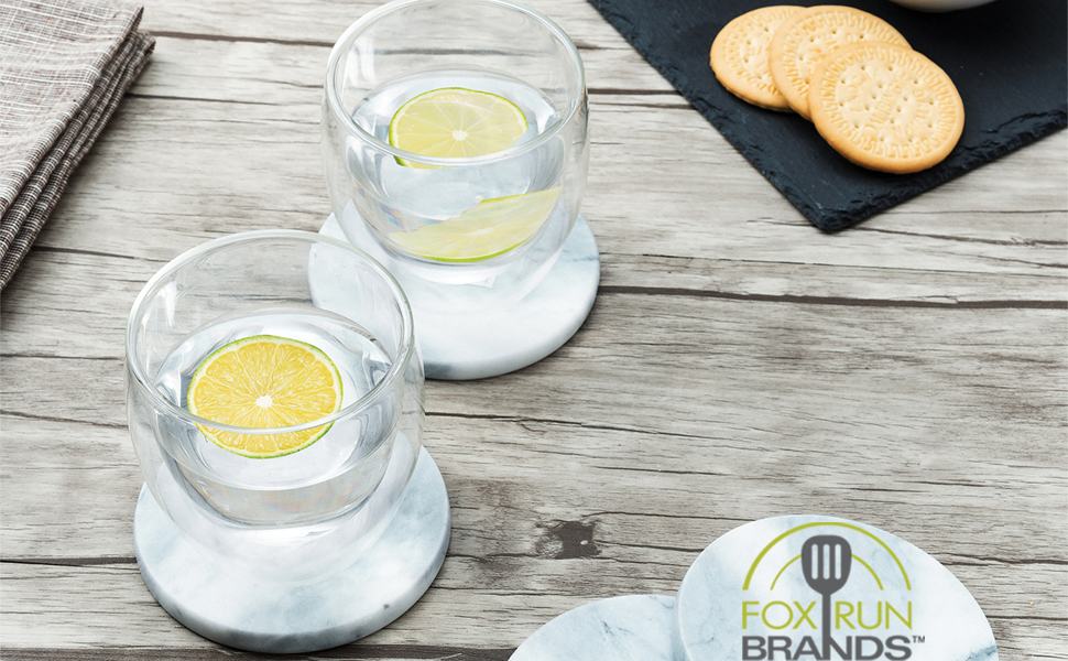 Fox Run 48749 Natural White Polished Marble Stone Coasters, Set of 6