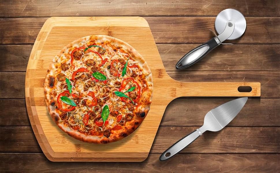 Pizza Peel, Premium Bamboo Pizza Spatula Paddle Cutting Board Handle (Baking Pizza, Bread, Cutting Fruit, Vegetables, Cheese)