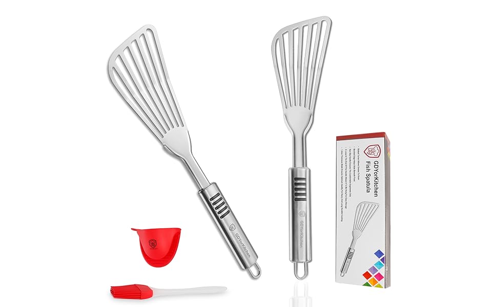 Premium Fish Spatula - Rust-Resistant Stainless Steel, Non-Slip Handle, Ideal for Grilling, Frying, Turning and Flipping Fish, Meat, Eggs, and More - Ergonomic Design for Perfect Results - Set of 2