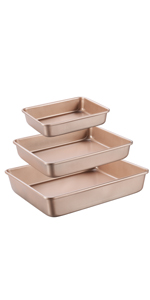 Deep Baking Pans Set Nonstick,Rectangle Cake Pan,Stackable Bakeware Set of 3,Oven Trays for Baking,Gold(9''/11''/13'')