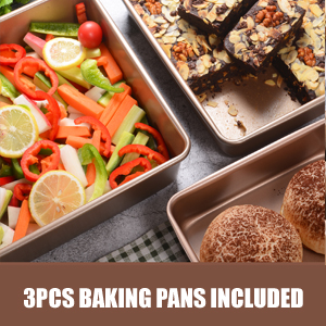 Deep Baking Pans Set Nonstick,Rectangle Cake Pan,Stackable Bakeware Set of 3,Oven Trays for Baking,Gold(9''/11''/13'')